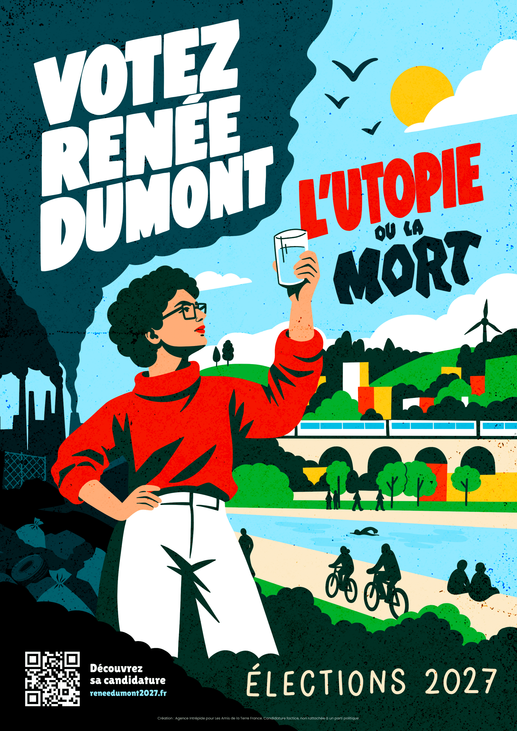Affiche de campagne : « Votez Renée Dumont, l’utopie ou la mort », élections 2027