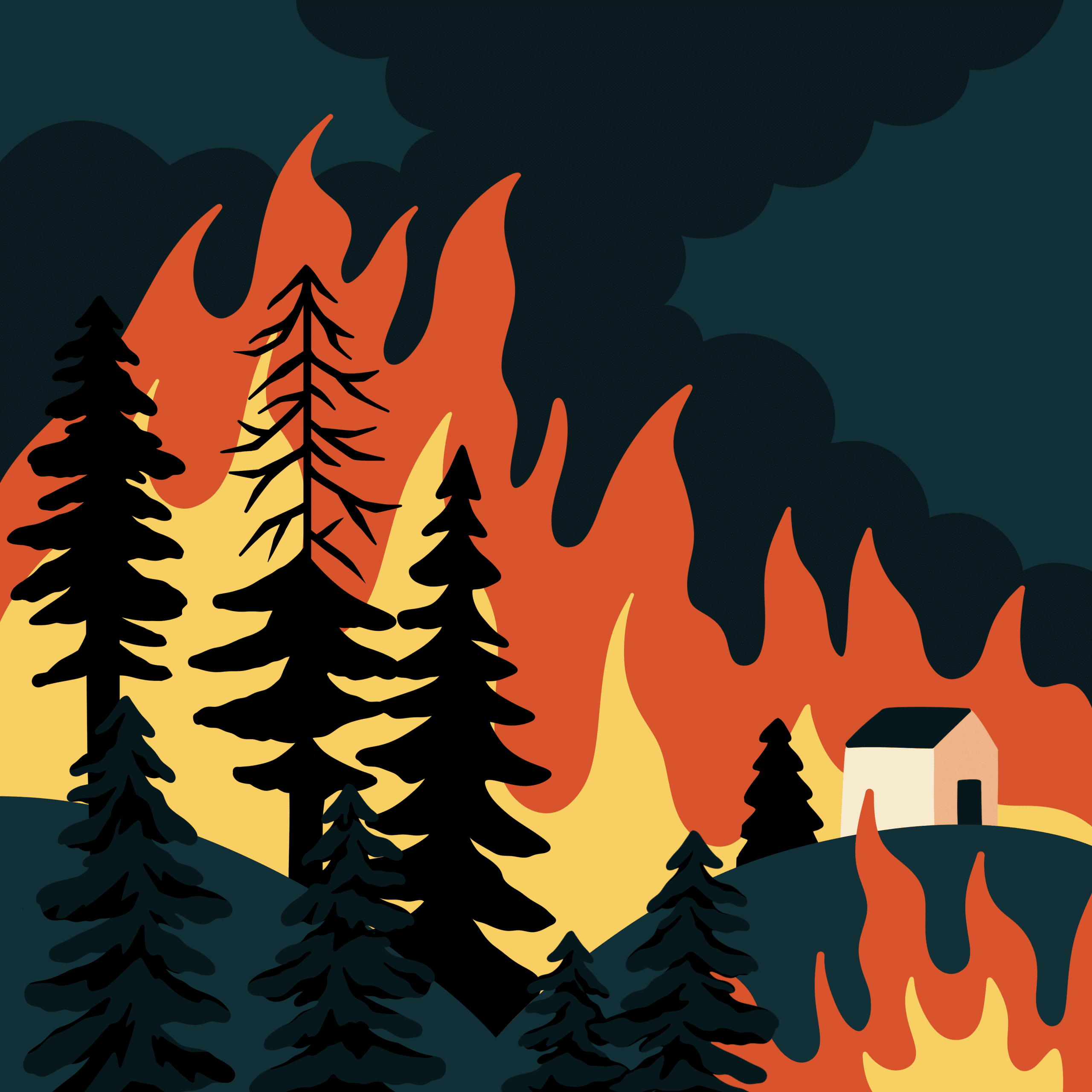 Forêt en flammes devant une maison, sous un ciel noir de fumée