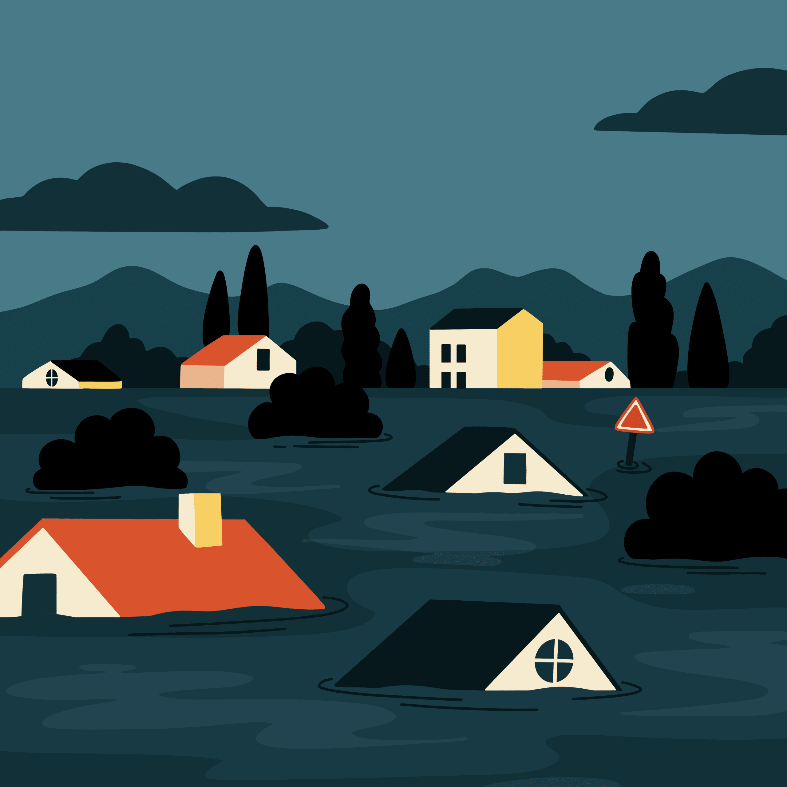 Village inondé : les toits des maisons émergent de l’eau