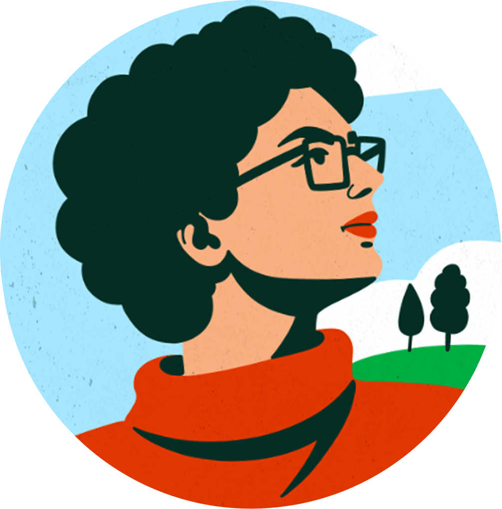 Portrait illustré de Renée Dumont, de profil, avec des lunettes et un pull rouge