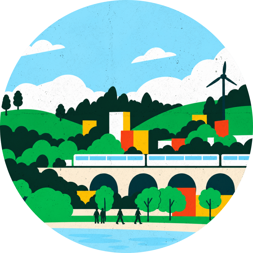 Illustration d’un avenir désirable : un train sur un viaduc, une éolienne et des habitations au milieu de la verdure